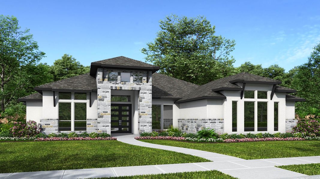Representative exterior photo of a completed home built from the 3850A by Perry Homes in Vintage Oaks, New Braunfels, TX (Image 2). Representative exterior photo of a completed home built from the 3850A by Perry Homes in Vintage Oaks, New Braunfels, TX (Image 2).