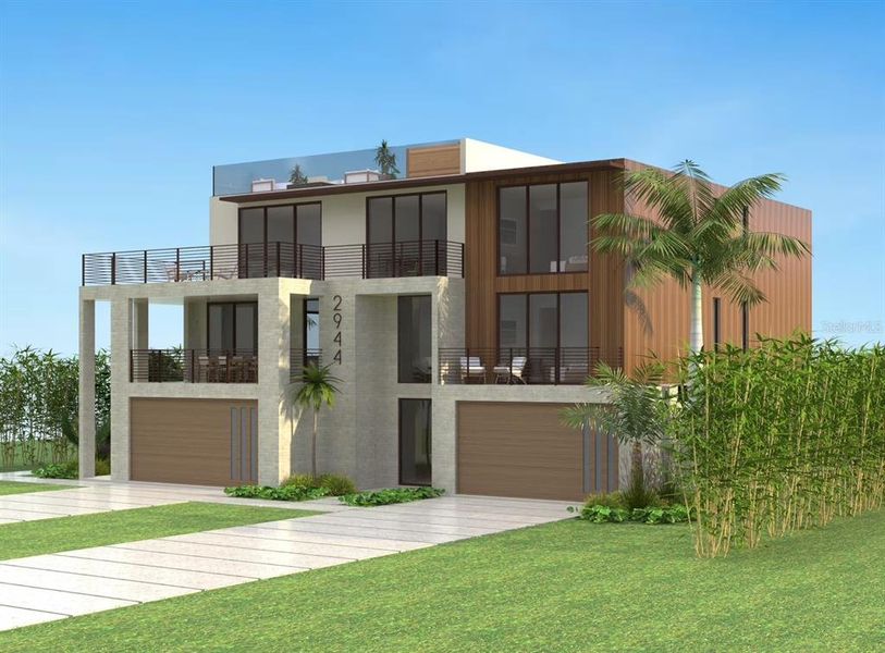 Front exterior of a new home in , Longboat Key, FL, highlighting curb appeal (Image 12). Front exterior of a new home in , Longboat Key, FL, highlighting curb appeal (Image 12).