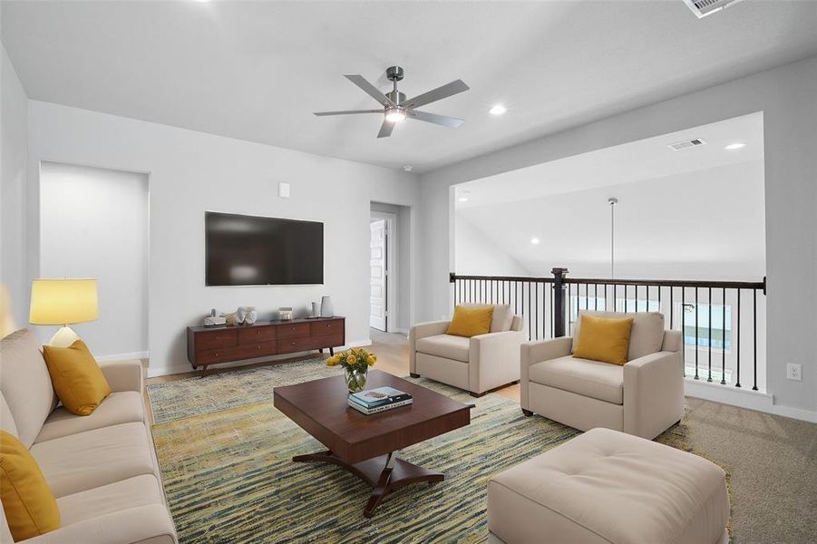 Perfect for entertaining is this amazing game room! Right upstairs this space would be a fabulous teen hangout, or adult game room complete with enough room for a pool table and big screen TVs! Featuring plush carpet, high ceilings, ceiling fan, and custom paint!