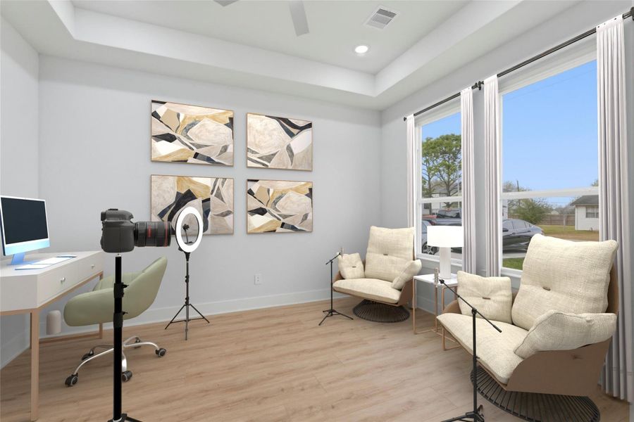 Dedicated downstairs office or media space, eliminating the need to use a bedroom for a work-from-home setup.(virtual staging)