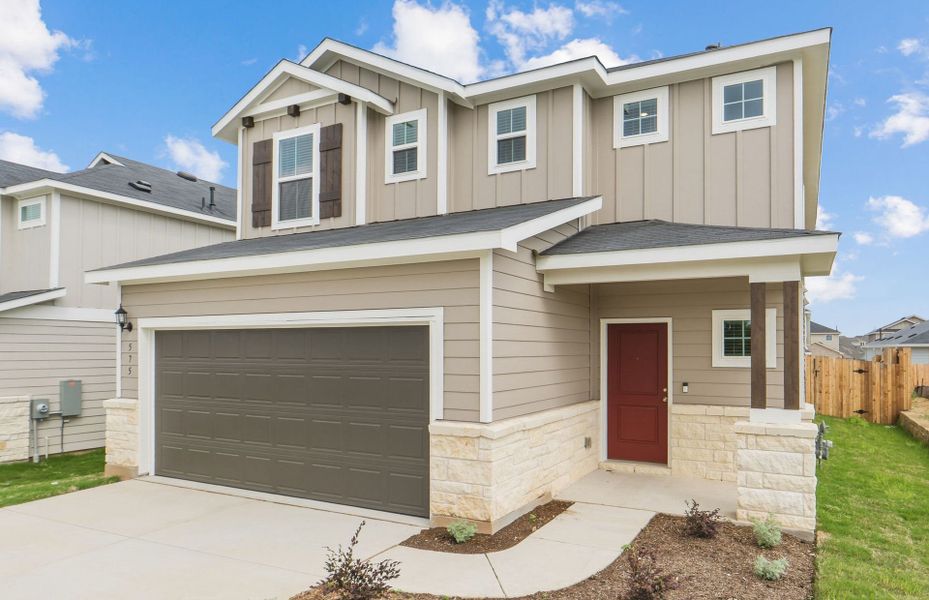 Front exterior of a new home in Sunfield, Buda, TX, highlighting curb appeal (Image 20).
