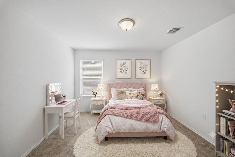 A cozy bedroom with carpeted flooring and ample natural light from a well-placed window. A cozy bedroom with carpeted flooring and ample natural light from a well-placed window.