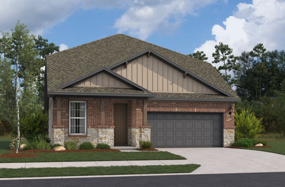 Front exterior of a new home in Hunter's Ranch, San Antonio, TX, highlighting curb appeal (Image 1). Front exterior of a new home in Hunter's Ranch, San Antonio, TX, highlighting curb appeal (Image 1).