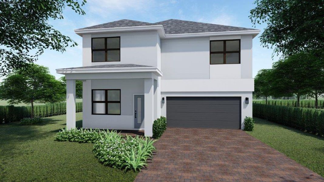 Front exterior of a new home in Hunters Manor, Pompano Beach, FL, highlighting curb appeal (Image 1).