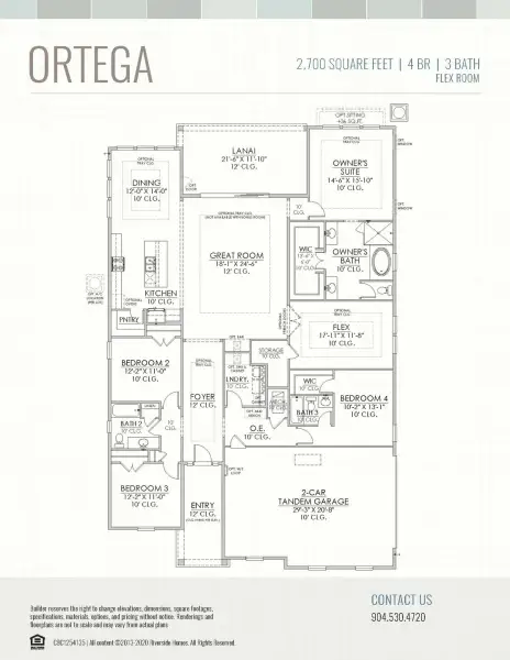 2D floor plan layout for the Ortega by Riverside Homes in Sagebrush at EverRange, Jacksonville, FL (Image 7).