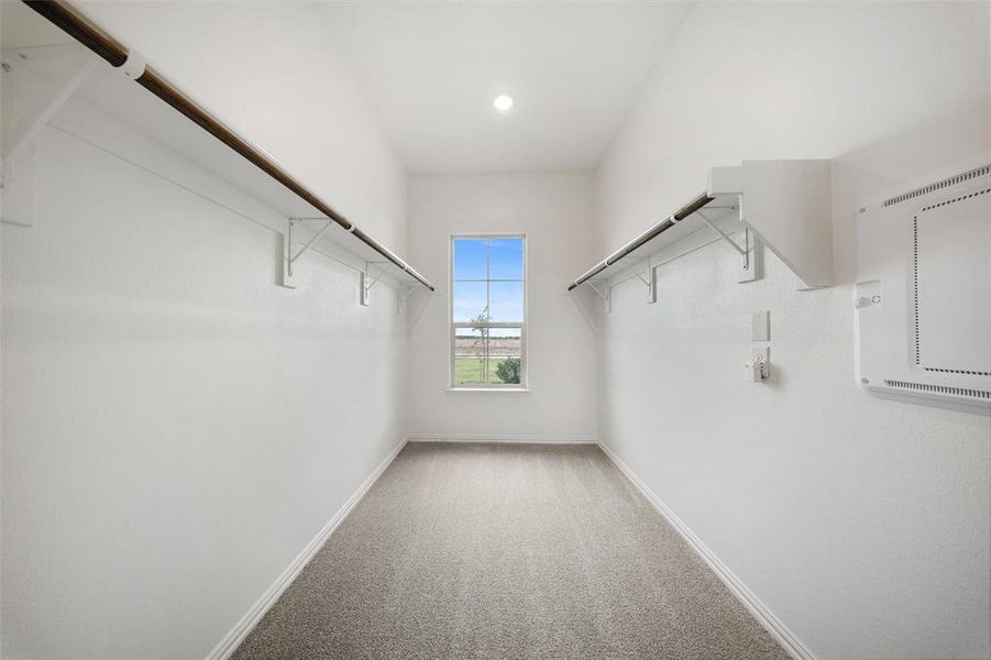 Walk in closet with carpet flooring Walk in closet with carpet flooring