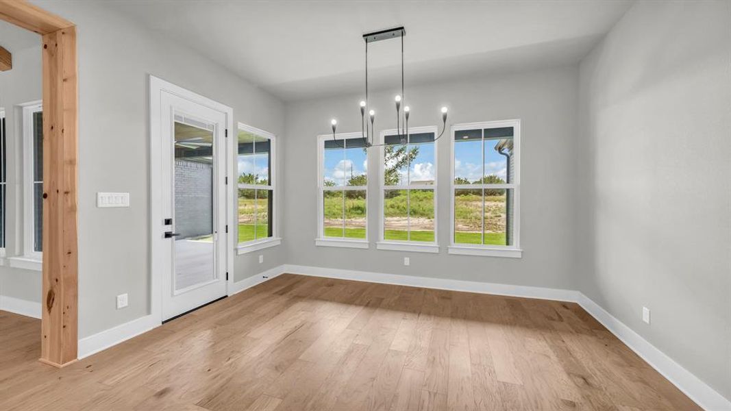 Spacious interior room featuring wood-finish flooring, light gray walls, and white trim