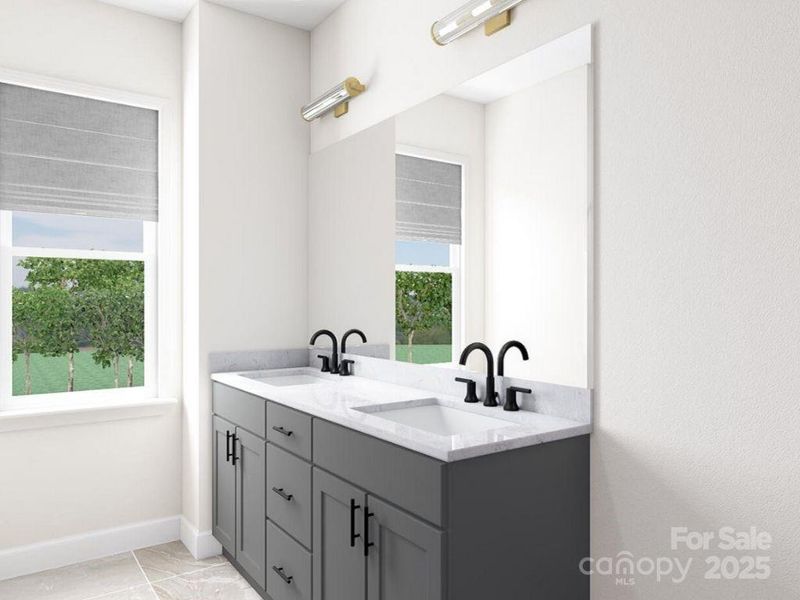 Primary Suite with Dual Vanity and Quartz Countertops. *Virtual Rendering | Actual Finishes, Structural Selections, and Orientation May Vary.