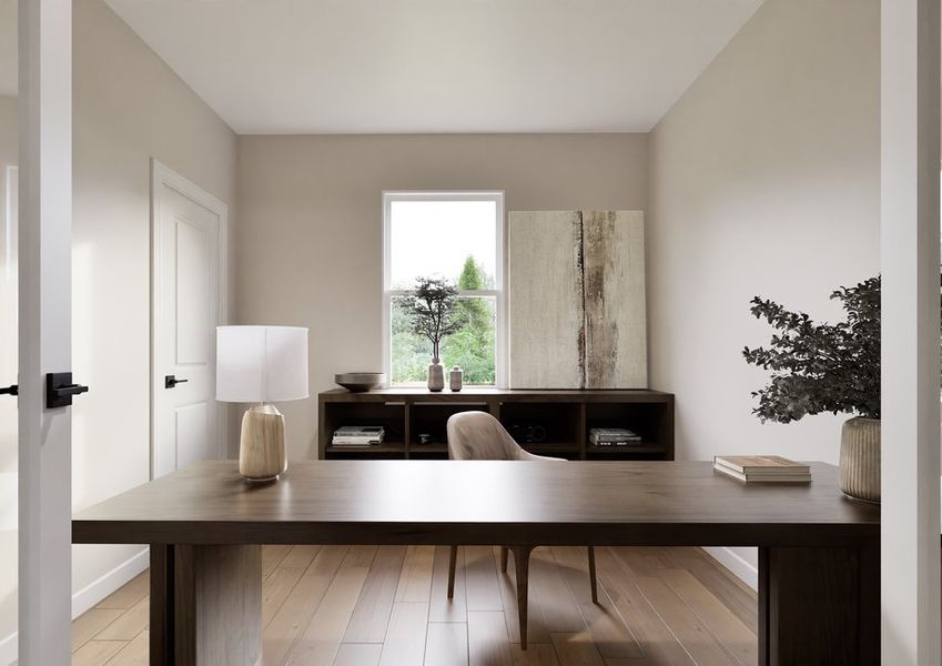 A minimalist home office with a wooden desk, vinyl wood plank flooring, and a large window. Features a potted plant, table lamp, and wall art, creating a calm, organized atmosphere. A minimalist home office with a wooden desk, vinyl wood plank flooring, and a large window. Features a potted plant, table lamp, and wall art, creating a calm, organized atmosphere.