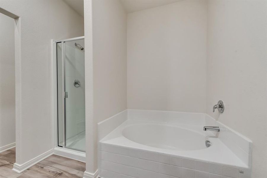 Bathroom featuring wood-type flooring and separate shower and tub