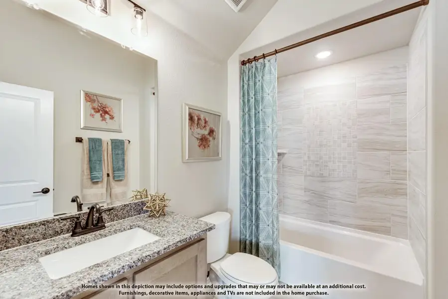 Bathroom with granite vanity, single sink, and tiled shower-tub combo with curtain Bathroom with granite vanity, single sink, and tiled shower-tub combo with curtain