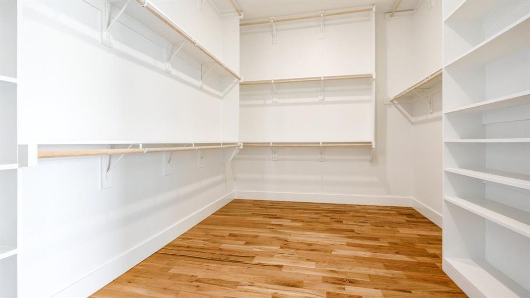 Walk in closet with light hardwood / wood-style floors