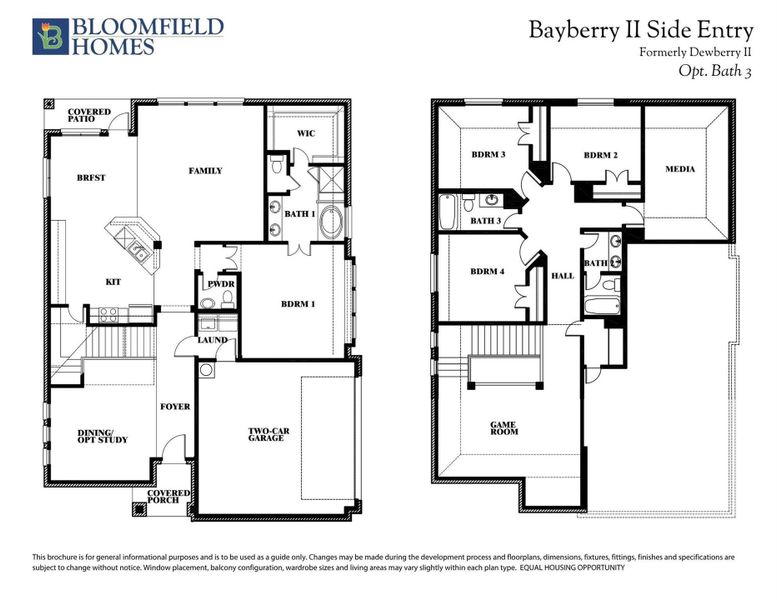 Bloomfield Homes Bayberry II Side Entry two-story floor plan with 4 bedrooms, game room, and two-car garage