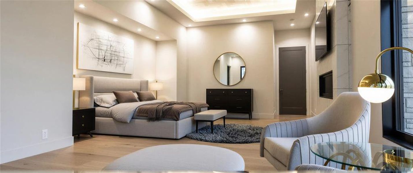 Bedroom with light wood-type flooring and recessed lighting