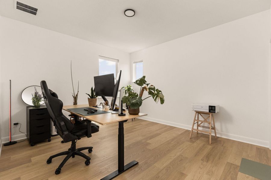 Room with light wood-finish flooring, white walls, and two windows