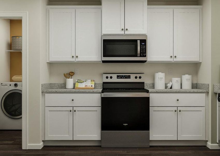 Rendering of the kitchen showcasing the
  white cabinetry, granite countertops and stainless steel appliances.