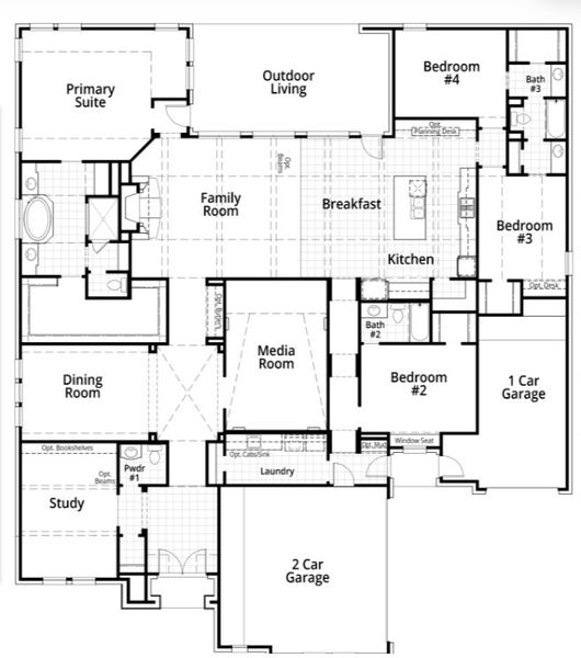 2D floor plan layout for the 673 Plan by Highland Homes in The Grove Frisco: 95ft. lots, Frisco, TX (Image 2). 2D floor plan layout for the 673 Plan by Highland Homes in The Grove Frisco: 95ft. lots, Frisco, TX (Image 2).