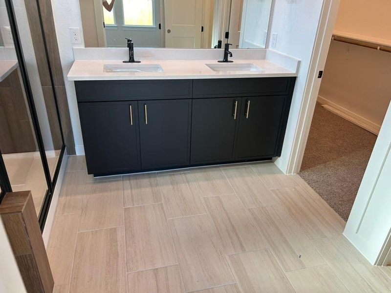 Full bathroom with double vanity, a walk in closet, a shower stall, and light wood-type flooring