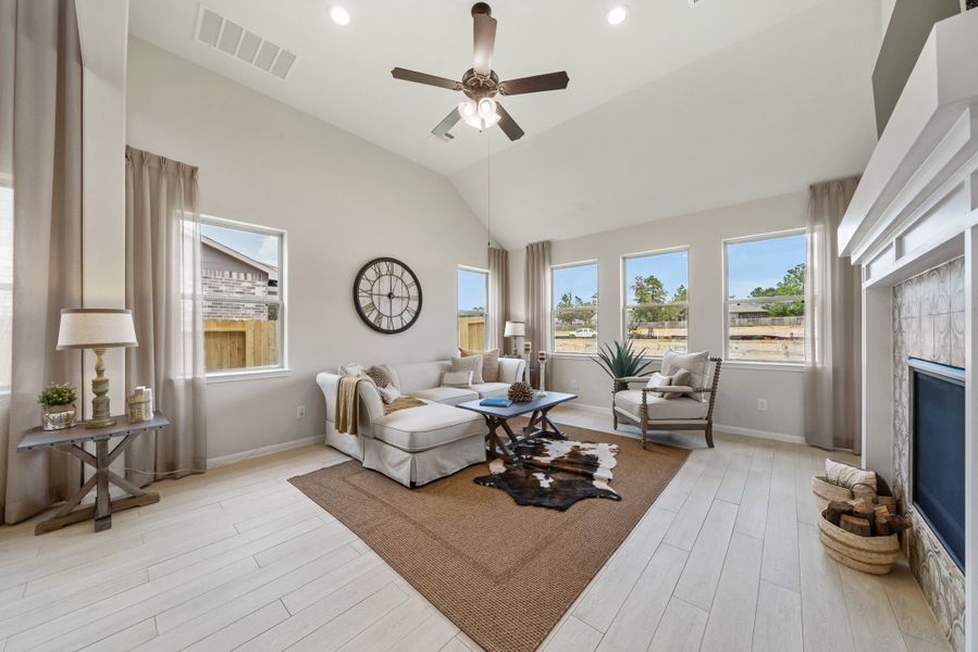 Great room with sloped ceiling