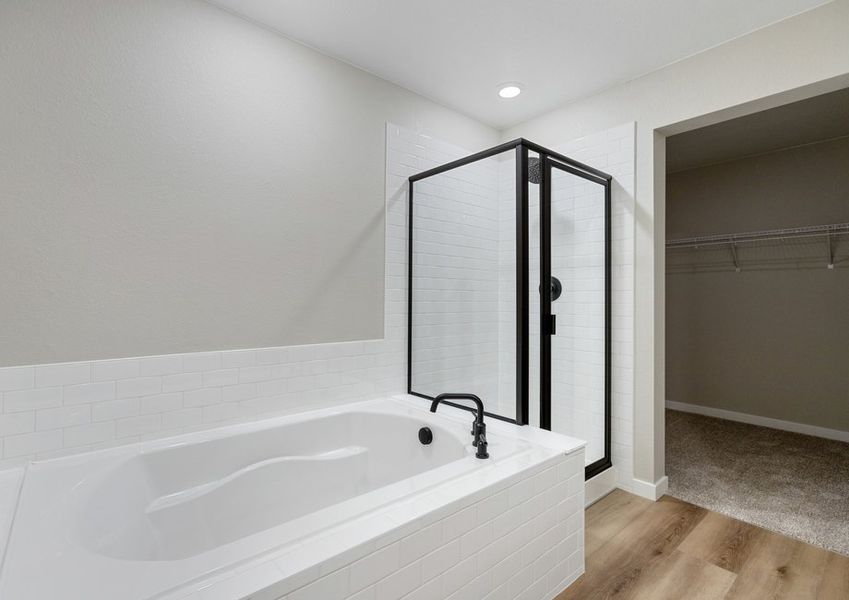 The master bathroom has a soaking tub and step in shower.