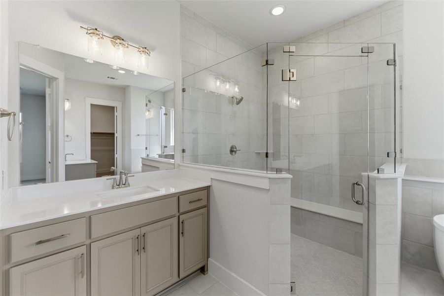 Full bath with vanity, a shower stall, a spacious closet, and a freestanding bath