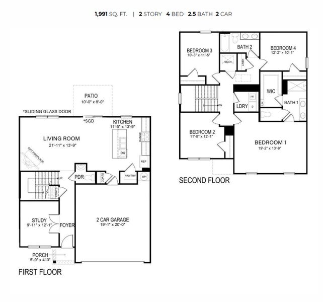 2D floor plan layout for the Belhaven by D.R. Horton in The Pines at New Hampstead, Savannah, GA (Image 3).