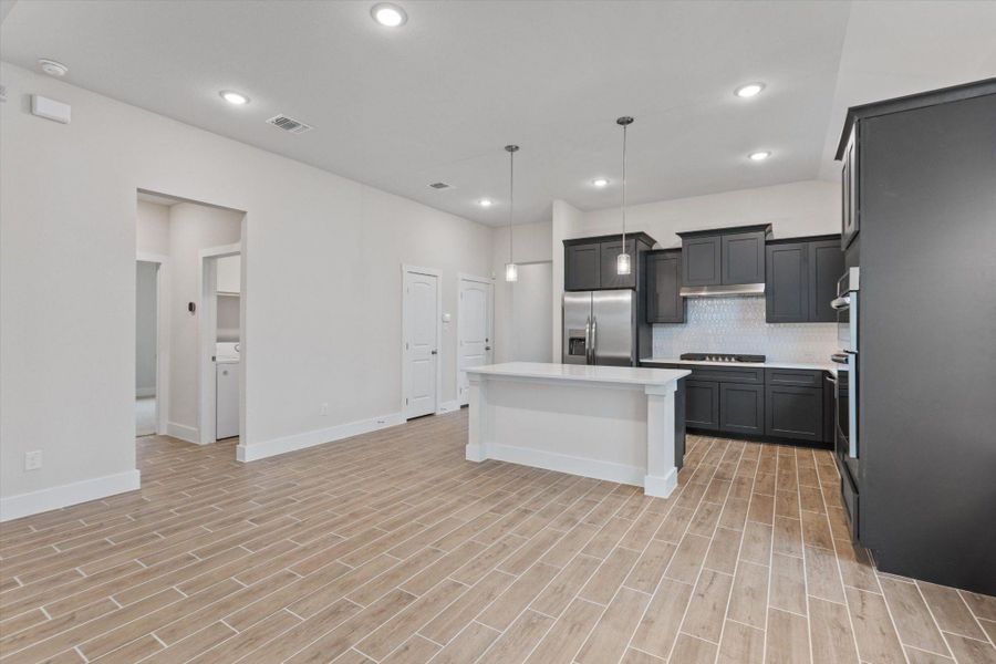 An open concept kitchen features sleek dark cabinetry, stainless steel appliances, and a central island.