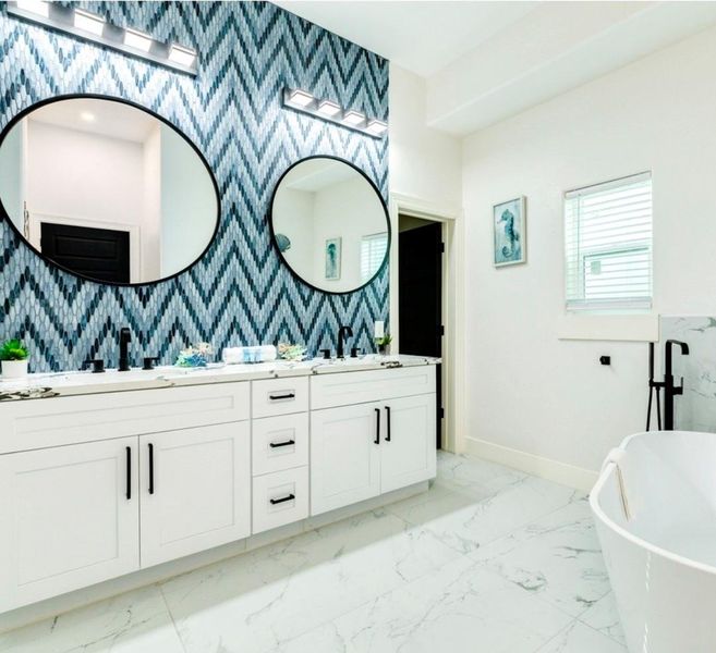 Primary bathroom with dual vanity
