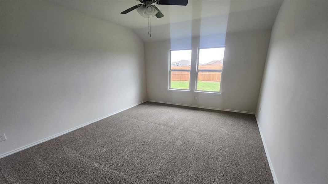 Spacious room featuring neutral carpeting, a ceiling fan, and two large windows offering views of the fenced backyard