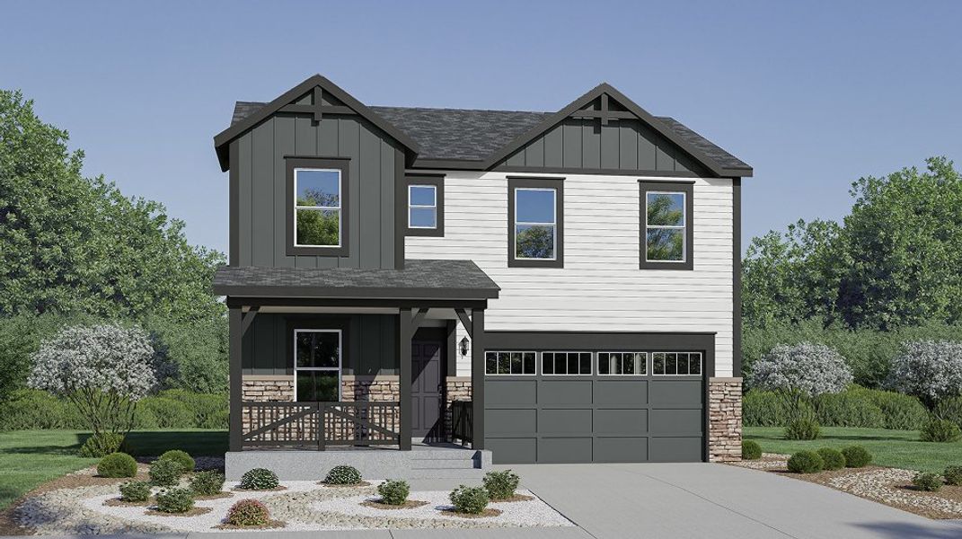 Front exterior of a new home in Kinston, Loveland, CO, highlighting curb appeal (Image 1). Front exterior of a new home in Kinston, Loveland, CO, highlighting curb appeal (Image 1).