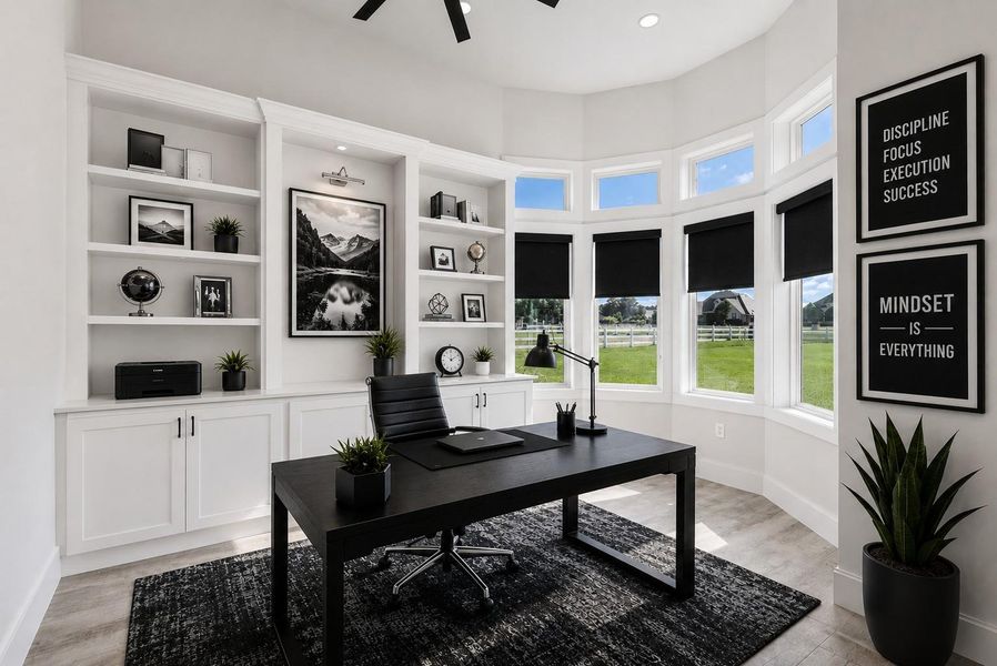 This custom office has an abundance of light and plenty of storage. Virtually staged to show options. This custom office has an abundance of light and plenty of storage. Virtually staged to show options.