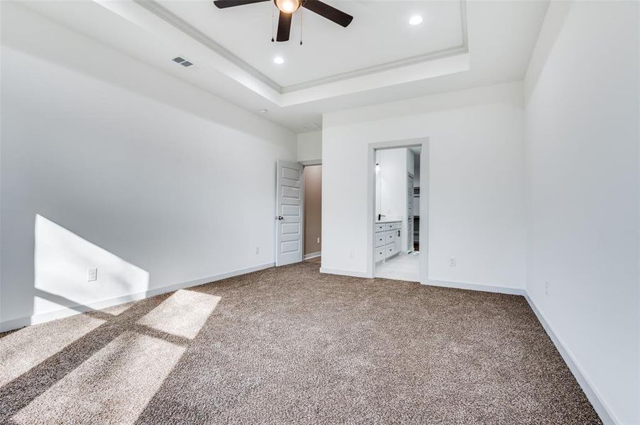 Unfurnished bedroom featuring a raised ceiling, baseboards, visible vents, and carpet floors