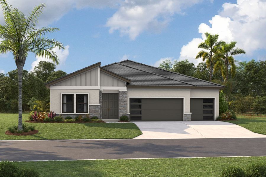 Representative exterior photo of a completed home built from the Biscayne by Homes by WestBay in Crestwood Estates, Valrico, FL (Image 1).