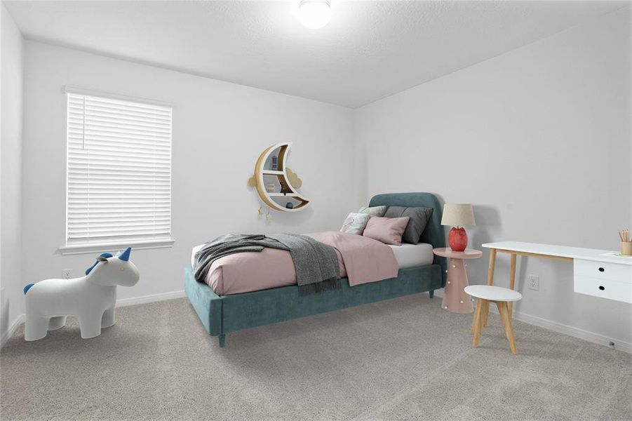 Secondary bedroom features plush carpet, neutral paint, lighting, large window with privacy blinds and ample sized closet space.