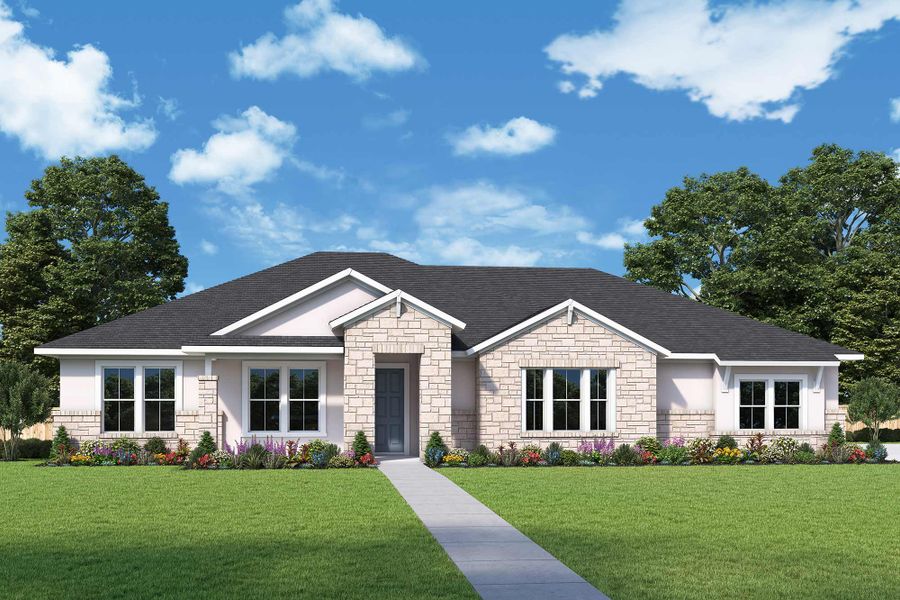 Representative exterior photo of a completed home built from the The Edwards by David Weekley Homes in Megans Landing – Half-Acre Homesites, Castroville, TX (Image 1). Representative exterior photo of a completed home built from the The Edwards by David Weekley Homes in Megans Landing – Half-Acre Homesites, Castroville, TX (Image 1).