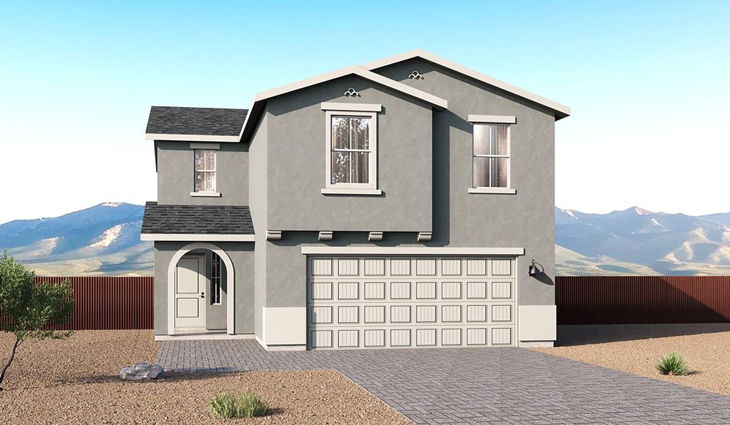 Front exterior of a new home in Redford Estates, Tucson, AZ, highlighting curb appeal (Image 1). Front exterior of a new home in Redford Estates, Tucson, AZ, highlighting curb appeal (Image 1).
