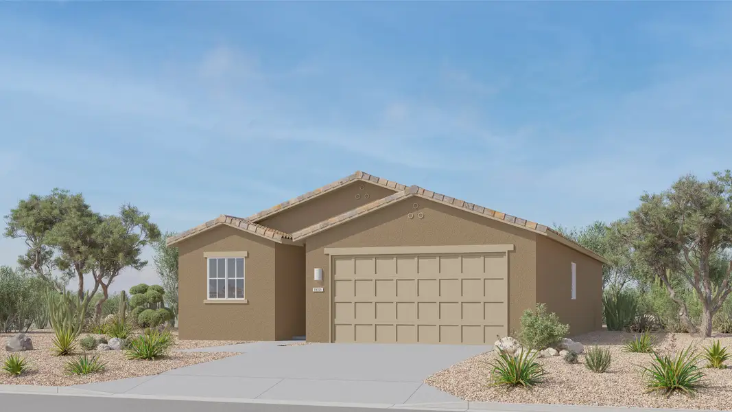 Front exterior of a new home in Mountain View at Rocking K, Vail, AZ, highlighting curb appeal (Image 1). Front exterior of a new home in Mountain View at Rocking K, Vail, AZ, highlighting curb appeal (Image 1).