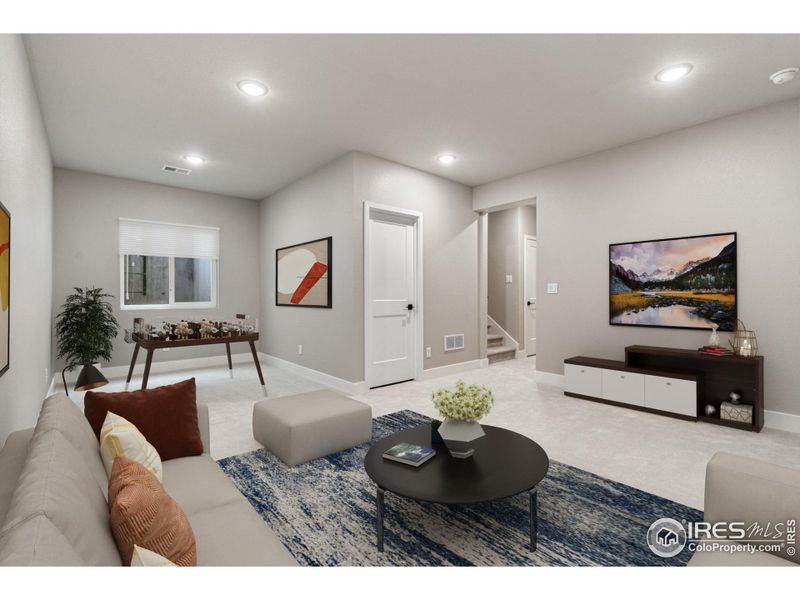 Virtually staged finished basement area