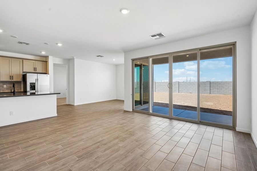 Great room, kitchen and dining
