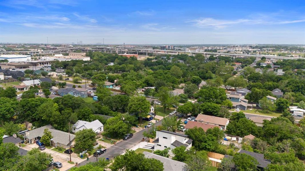 Aerial view showing the south side of the house.