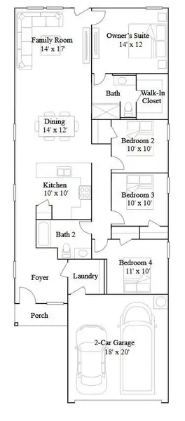 2D floor plan layout of this home in The Grand Prairie: Cottage Collection, Hockley, TX (Image 1).