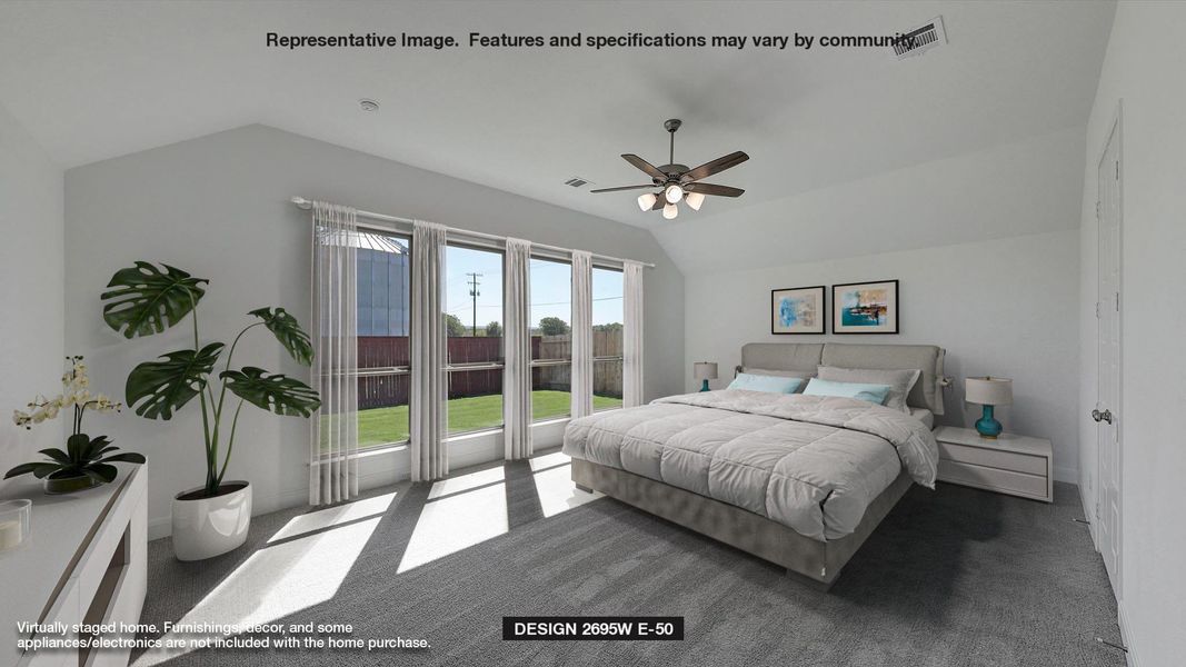 Carpeted bedroom with vaulted ceiling and ceiling fan Carpeted bedroom with vaulted ceiling and ceiling fan