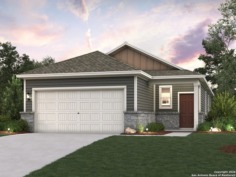 Front exterior of a new home in Millican Grove, San Antonio, TX, highlighting curb appeal (Image 1). Front exterior of a new home in Millican Grove, San Antonio, TX, highlighting curb appeal (Image 1).