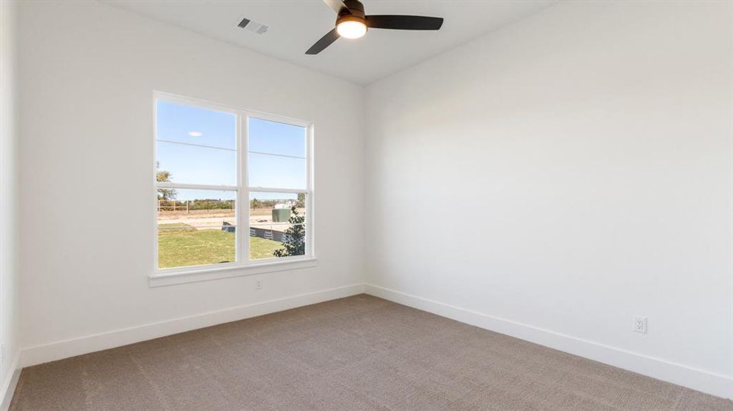 Empty room featuring carpet flooring and ceiling fan