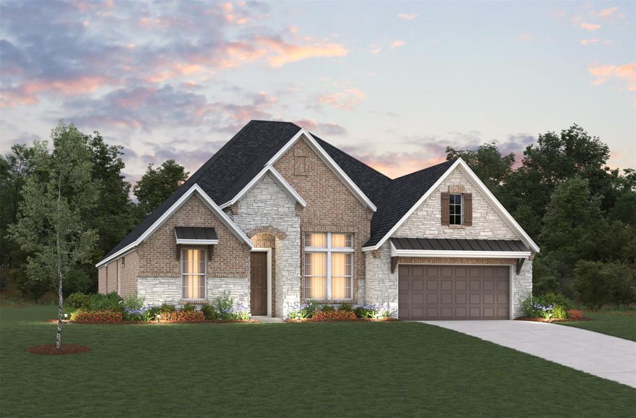Front exterior of a new home in Valencia: Hilltop Collection, Manvel, TX, highlighting curb appeal (Image 1).