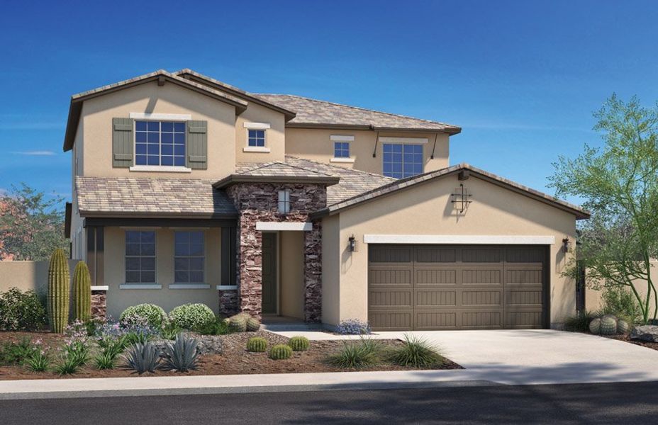 Representative exterior photo of a completed home built from the 3159 by Homes by Towne in Windrose V, Waddell, AZ (Image 2). Representative exterior photo of a completed home built from the 3159 by Homes by Towne in Windrose V, Waddell, AZ (Image 2).