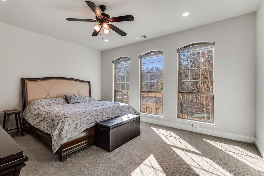 Bedroom featuring ceiling fan, carpet flooring, and recessed lighting