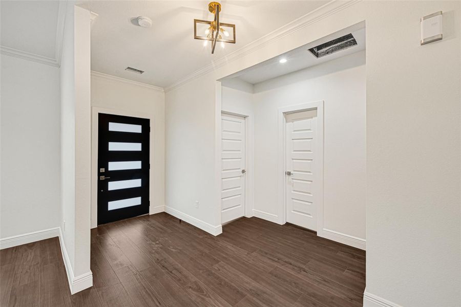 The entryway features a modern black door with frosted glass insets, sleek wood flooring, and a contemporary light fixture. The space has two additional white paneled doors, offering a clean and inviting atmosphere. The entryway features a modern black door with frosted glass insets, sleek wood flooring, and a contemporary light fixture. The space has two additional white paneled doors, offering a clean and inviting atmosphere.