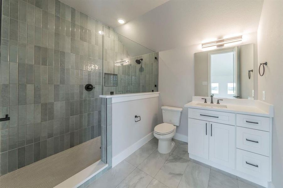 Bathroom featuring vanity, walk in shower, and recessed lighting Bathroom featuring vanity, walk in shower, and recessed lighting