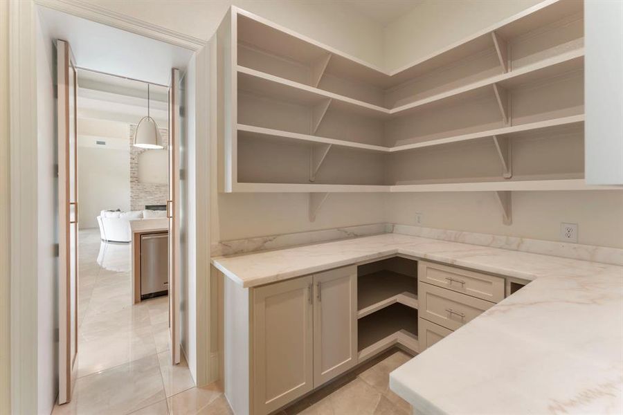 This is a spacious walk-in pantry featuring built-in shelves and drawers, complemented by Quartz countertops. The design offers ample storage and a sophisticated look and brilliant functionality.